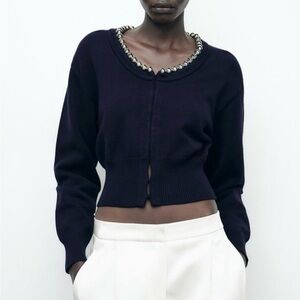 Zara Women's Navy Sweater with Beaded Neckline NWT